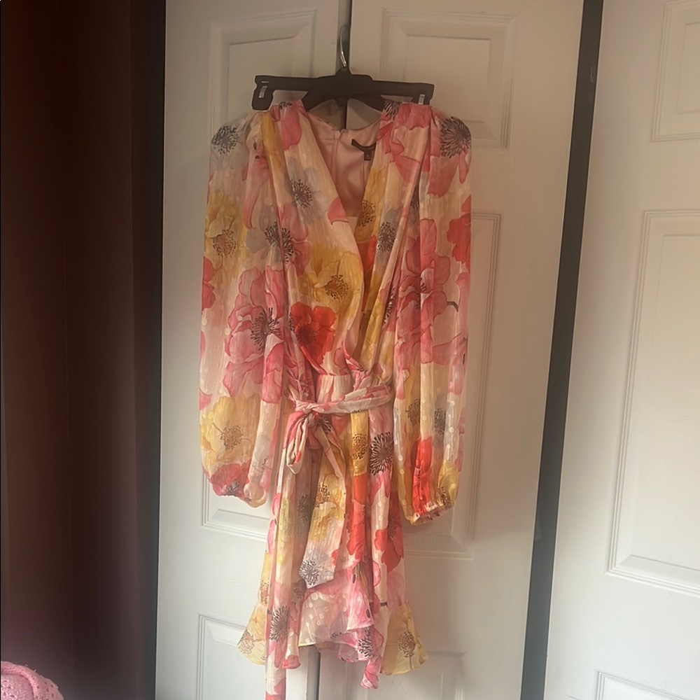 Alex Marie Pink and Yellow Floral Long Sleeve Wrap Dress